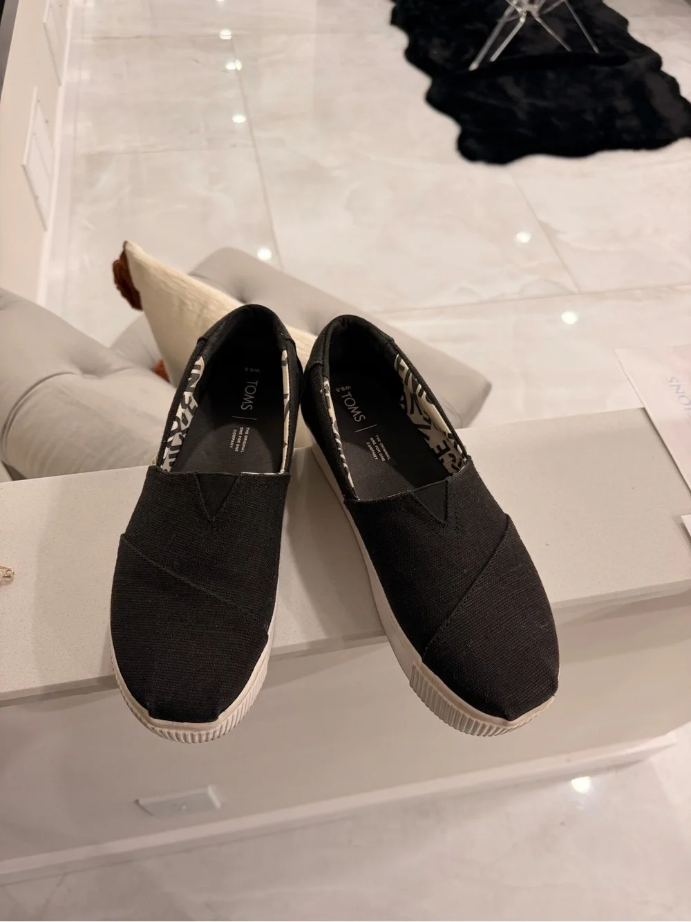 TOMS Alpargata Boardwalk Black Heritage Canvas Platform Slip-Ons - Size 9.5